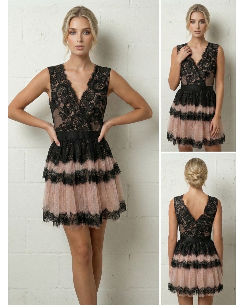 Vestido corto encaje y tull - AINE