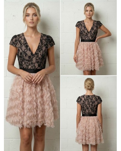 Vestido corto cuerpo encaje falda tull - AINE