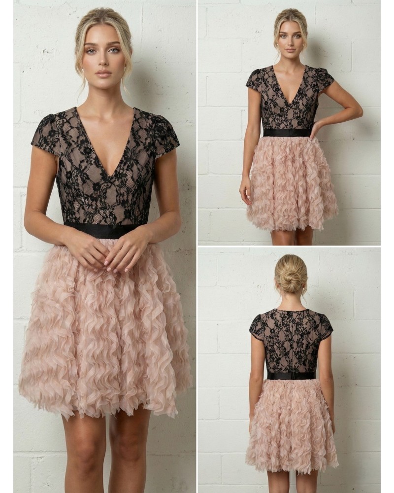 Vestido corto cuerpo encaje falda tull - AINE