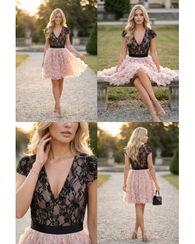 Vestido corto cuerpo encaje falda tull - AINE