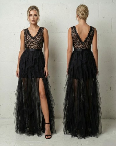 Vestido largo cuerpo encaje falda tull - AINE