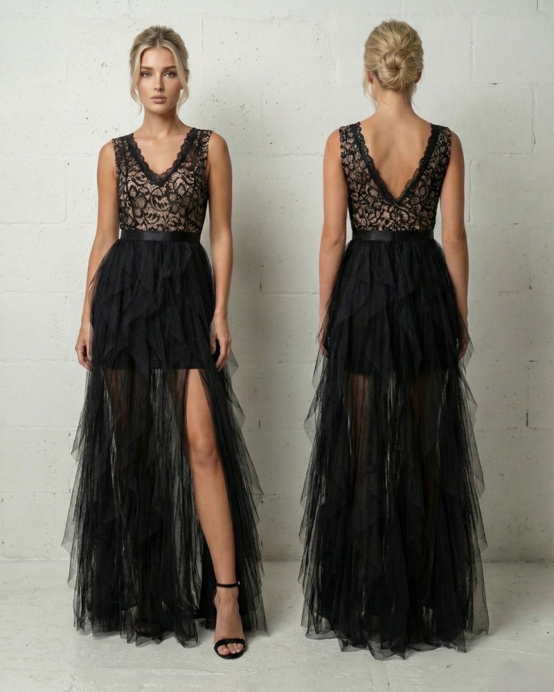 Vestido largo cuerpo encaje falda tull - AINE