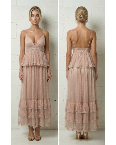 Vestido tull largo tirantes con volante cintura - AINE