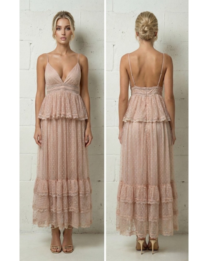 Vestido tull largo tirantes con volante cintura - AINE