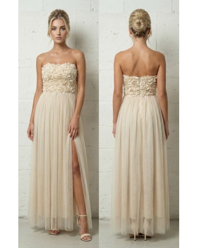 Vestido largo palabra de honor cuerpo flores falda tull - AINE