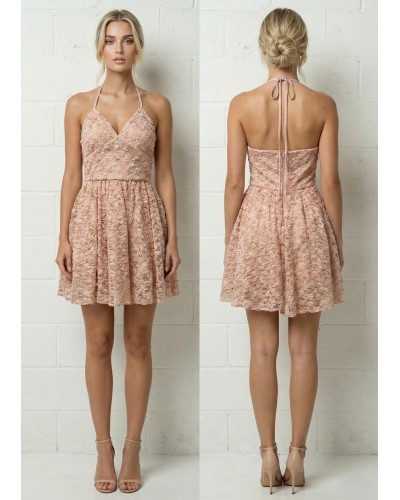 Vestido corto tull con flores atado al cuello - AINE