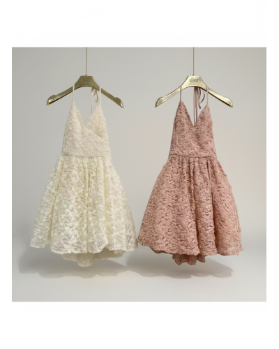 Vestido corto tull con flores atado al cuello - AINE