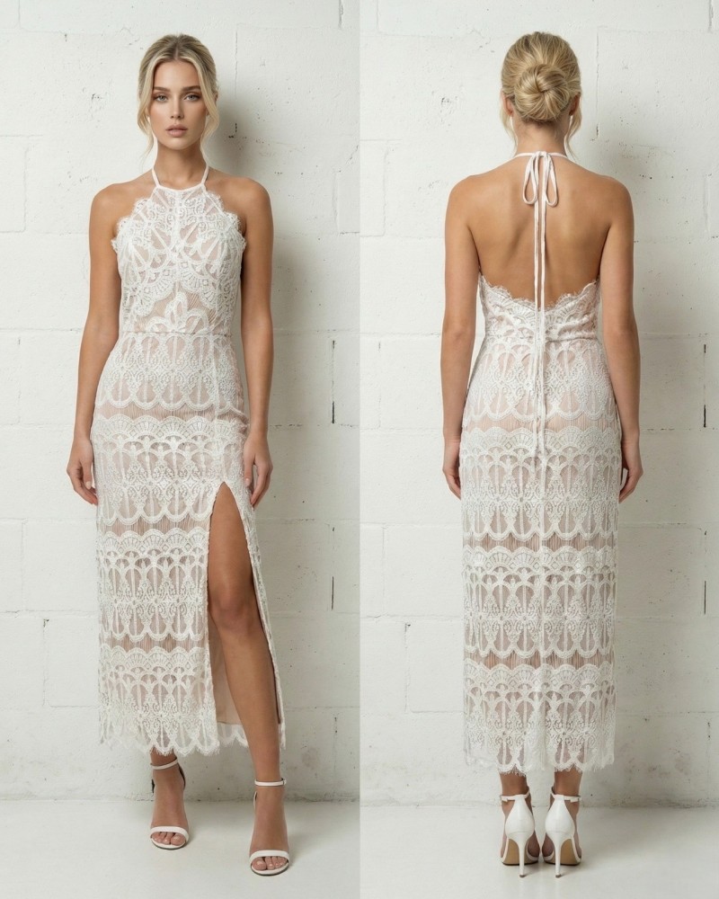 Vestido largo encaje con raja lateral espalda pico - AINE