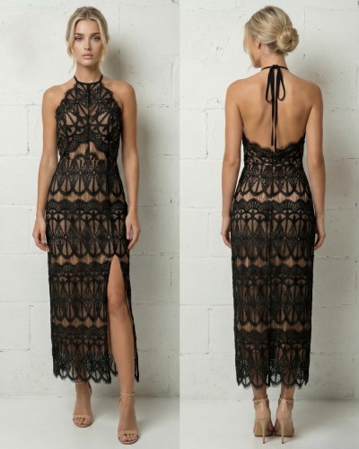 Vestido largo encaje con raja lateral espalda pico - AINE