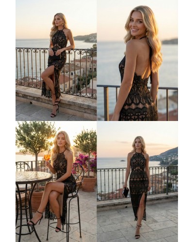 Vestido largo encaje con raja lateral espalda pico - AINE