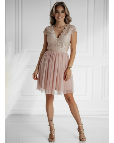 Vestido corto cuerpo encaje y falda tull - AINE