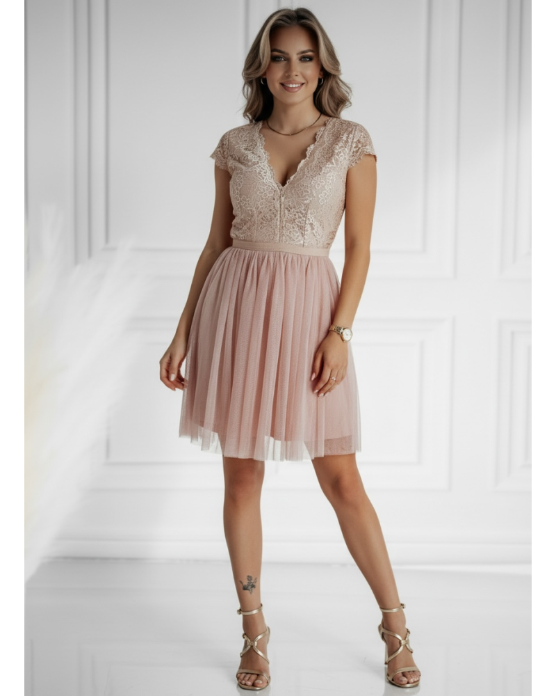 Vestido corto cuerpo encaje y falda tull - AINE