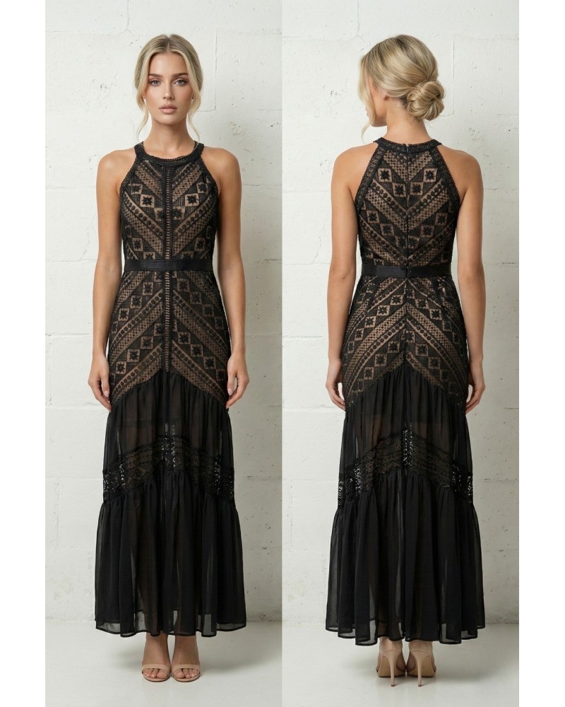 Vestido largo brocado escote halter - AINE