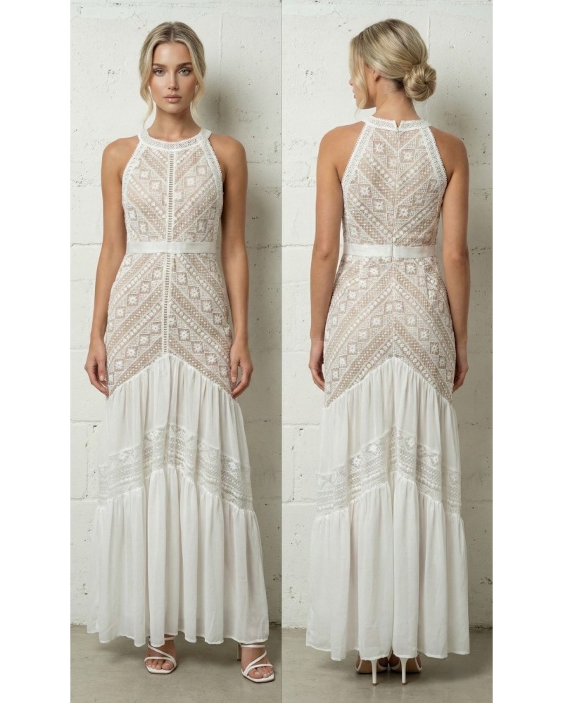 Vestido largo brocado escote halter - AINE