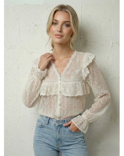 Camisa bordada con volante pecho - AINE