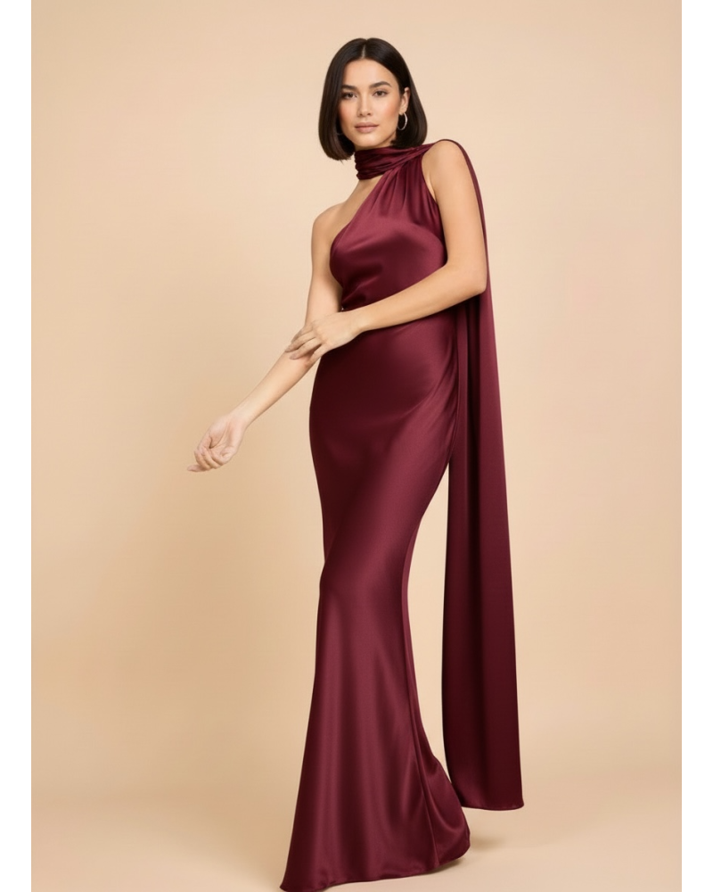 Vestido largo asimetrico raso con tira larga cuello - AINE