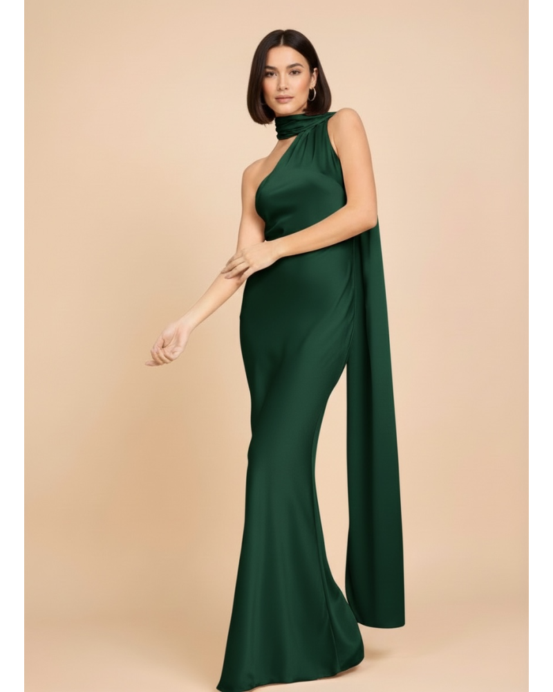 Vestido largo asimetrico raso con tira larga cuello - AINE