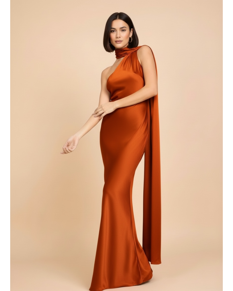 Vestido largo asimetrico raso con tira larga cuello - AINE