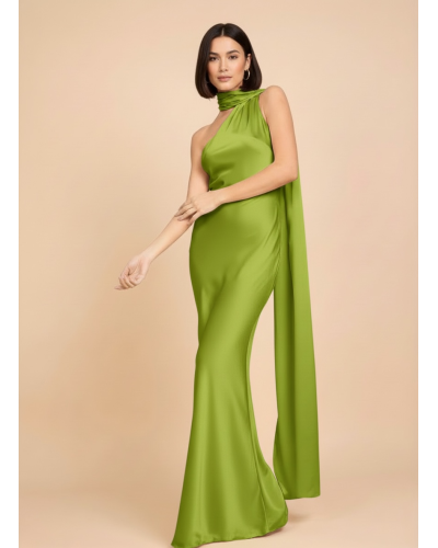 Vestido largo asimetrico raso con tira larga cuello - AINE