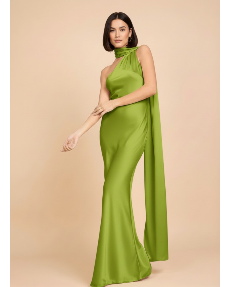 Vestido largo asimetrico raso con tira larga cuello - AINE